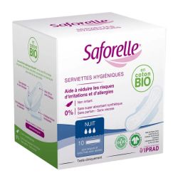 Saforelle Serviettes hygiéniques nuit avec ailettes coton bio 10 Serviettes Hygiéniques