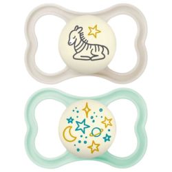 MAM Sucette Supreme Nuit 18+ Mois Silicone x 2 Zèbre Gris et Étoiles Vertes