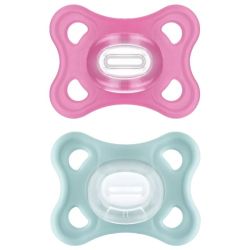MAM Comfort 2 sucettes en silicone 0 mois et + et une boîte de stérilisation rose
