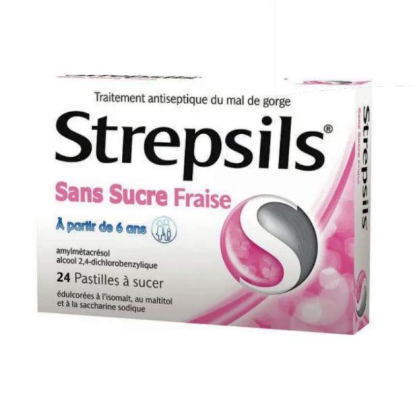 Strepsils fraise sans sucre 24 pastilles à sucer