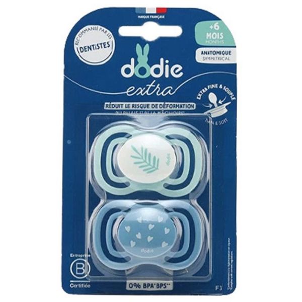 Dodie 2 sucettes anatomiques symmetrical + 6 mois feuille cœurs