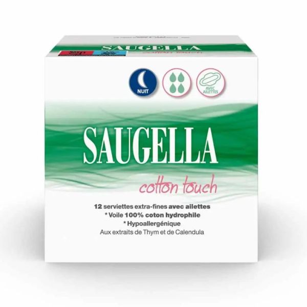 Saugella Cotton Touch Nuit 12 serviettes extra-fines avec ailettes