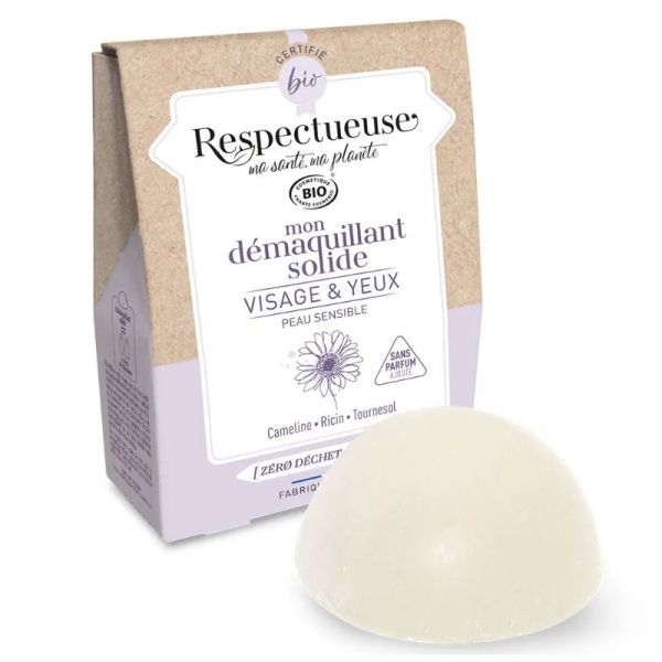 Respectueuse démaquillant solide visage & yeux bio peau sensible 25g