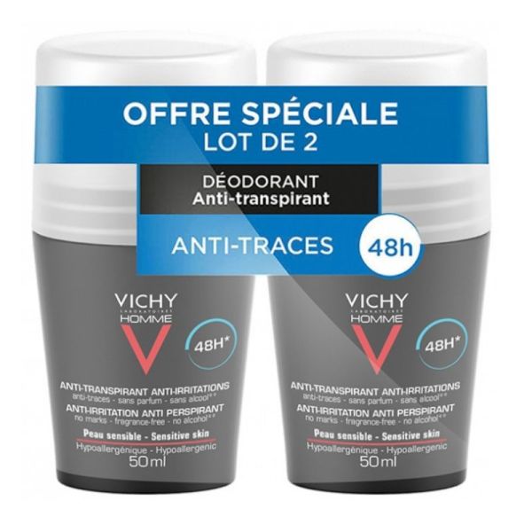 Vichy homme déodorant anti-transpirant 48h anti-traces roll-on lot de 2 x 50 ml