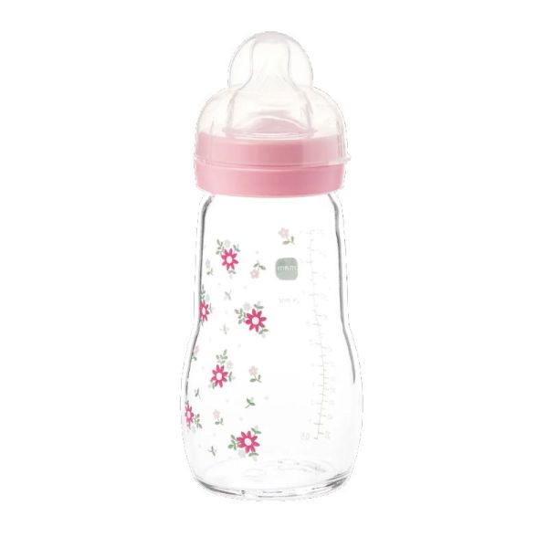 Mam Biberon Verre Premium 260 ml 2 Mois et + Débit 2 Moyen Rose