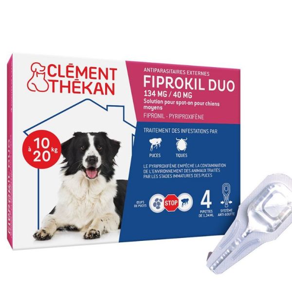 Clément Thekan Fiprokil Duo Chiens chien moyen 10-20kg 4 Pipettes antiparasitaires