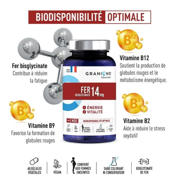 Granions Fer Bisglycinate 14mg énergie vitalité 60 gélules végétales