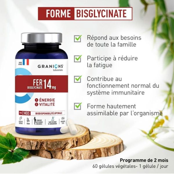 Granions Fer Bisglycinate 14mg énergie vitalité 60 gélules végétales