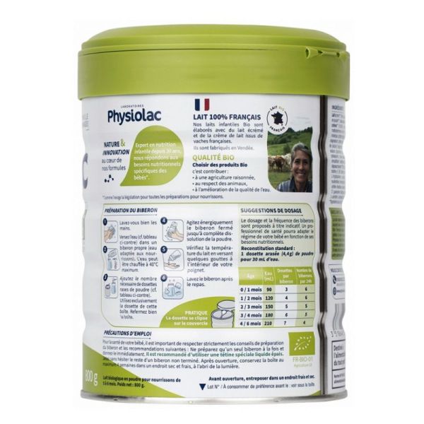 Physiolac lait en poudre 1 formule épaisse Bio de 0 à 6 mois 800g