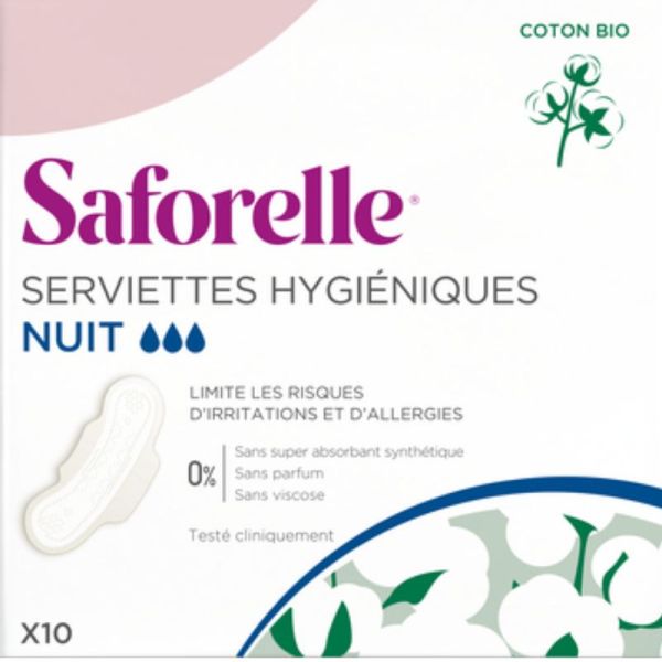 Saforelle Serviettes hygiéniques nuit avec ailettes coton bio 10 serviettes