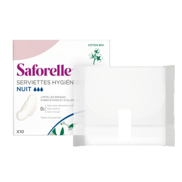 Saforelle Serviettes hygiéniques nuit avec ailettes coton bio 10 serviettes