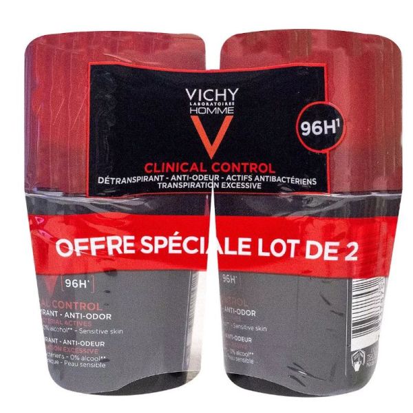 Vichy homme clinical control déodorant détranspirant 96h roll-on lot de 2 x 50 ml