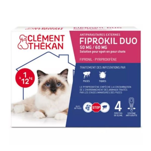 Clément Thékan Fiprokil 50-60mg duo parasitaire chat 1-12kg 4 pipettes