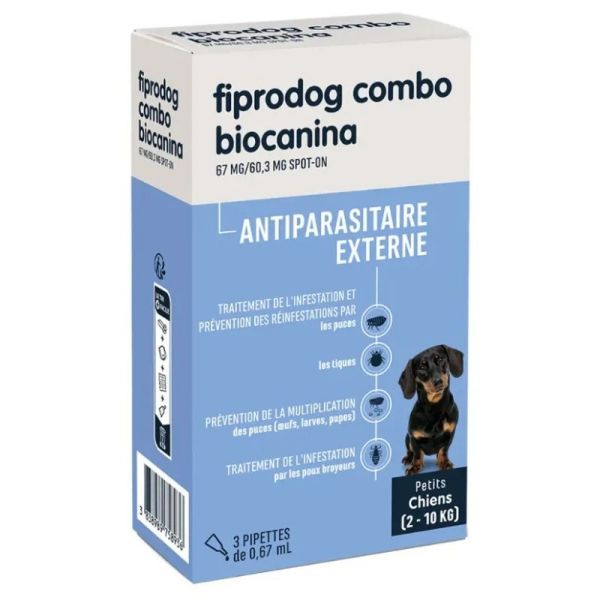 Biocanina Fiprodog 67 mg Combo petits chiens 2 à 10 kg 3 pipettes