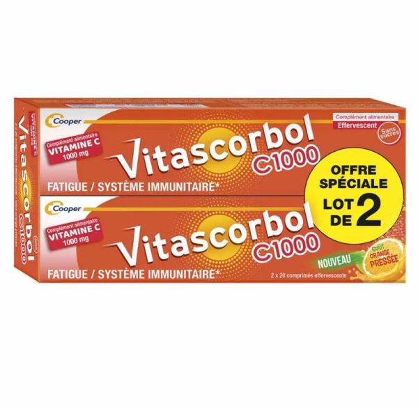 Vitascorbol Vitamine C1000 goût orange pressée 2x20 comprimés effervescents