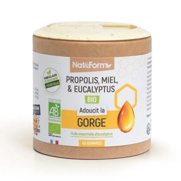 Nat&Form Propolis, miel & eucalyptus bio adoucit la gorge 45 gommes