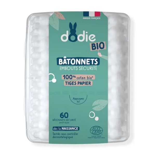 Dodie bâtonnets embouts sécurité 100% coton bio 60 bâtonnets