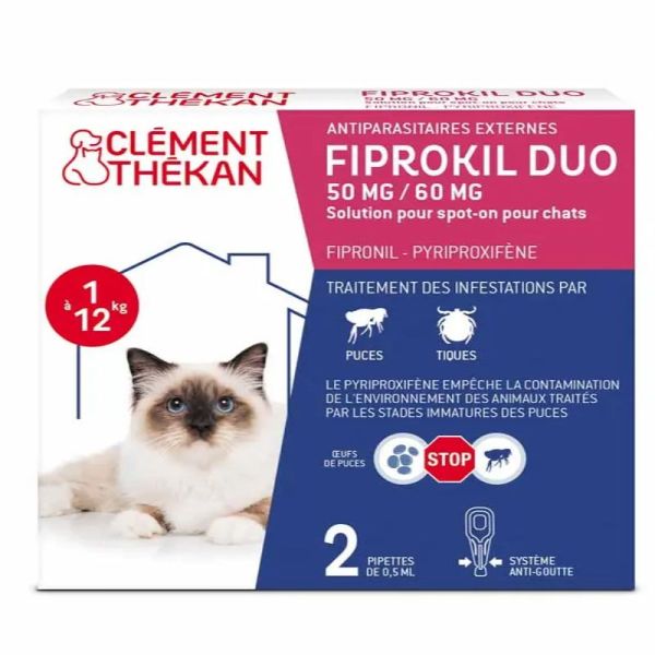 Clément Thékan Fiprokil Duo Antiparasitaire Chat 1 à 12 kg Pipettes x 2