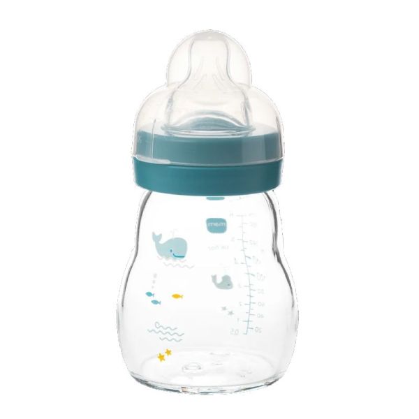 MAM Biberon verre 0 mois et + Debit 1 Bleu 170ml