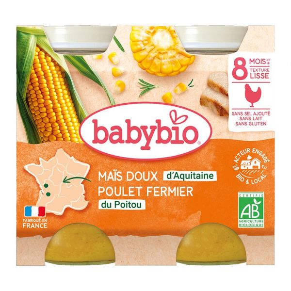 Babybio Petit pot Mais doux d'Aquitaine & Poulet fermier du Poitou 2 x 200 g