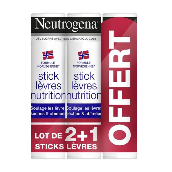 Neutrogena stick lèvres nutrition Lot de 3 x 4,8 g dont 1 Offert