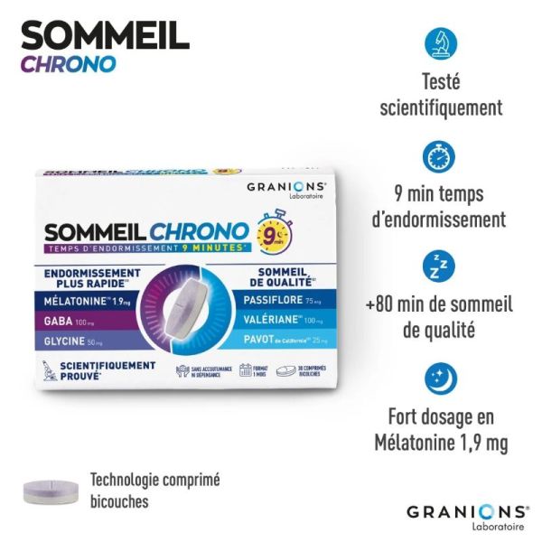 Granions Sommeil Chrono GABA, Mélatonine & Passiflore 30 comprimés