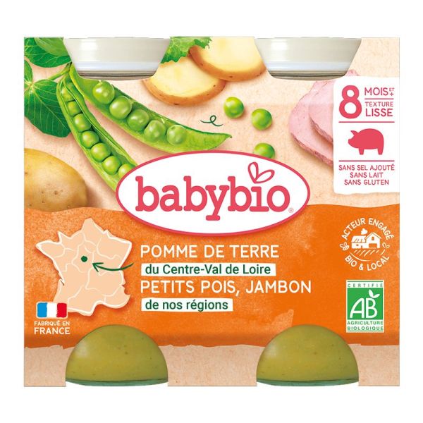 Babybio Petit pot menu pomme de terre petits pois et jambon 2 x 200 g