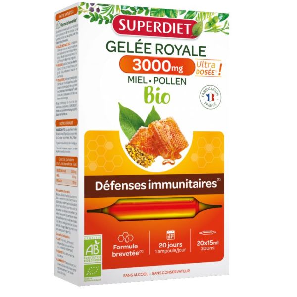 Superdiet gelée royale 3000mg bio 20 ampoules