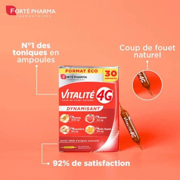 Forté Pharma Vitalité 4G Dynamisant Naturel Ginseng Gingembre Gelée Royale et Guarana 20 + 10 ampoules offertes