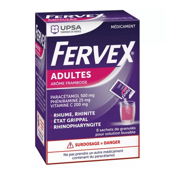 UPSA Fervex Adultes Arôme Framboise Rhume Rhinite 8 sachets