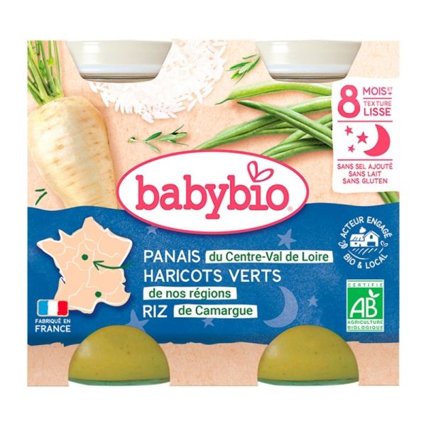 Babybio Bonne Nuit Panais Haricots Verts Riz 8 Mois et + Bio 2 Pots de 200 g