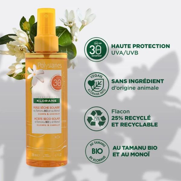 Klorane Monoi et Tamanu Bio nuile sèche SPF30 200ml
