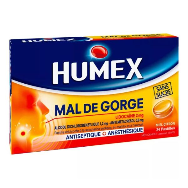 Humex Mal de Gorge Lidocaïne 2 mg 24 pastilles sans sucre