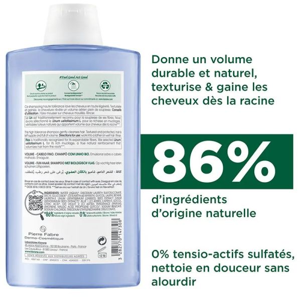 Klorane shampooing volume cheveux fins lin bio 400ml