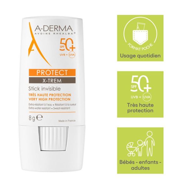 A-Derma Protect Stick invisible SPF50+ Xtrem peaux fragiles au soleil 8g