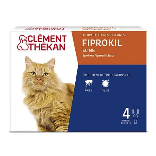 Clément Thékan Fiprokil 50mg traitement infestation puces tiques chat 4 pipettes