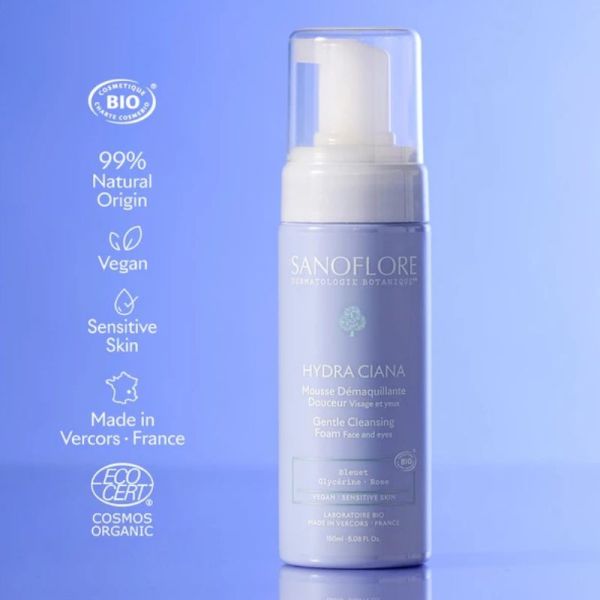Sanoflore Hydra Ciana mousse démaquillante douceur yeux et visage 150ml
