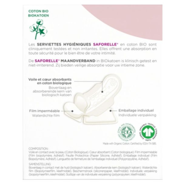 Saforelle Serviettes hygiéniques jour avec ailettes coton bio 10 Serviettes