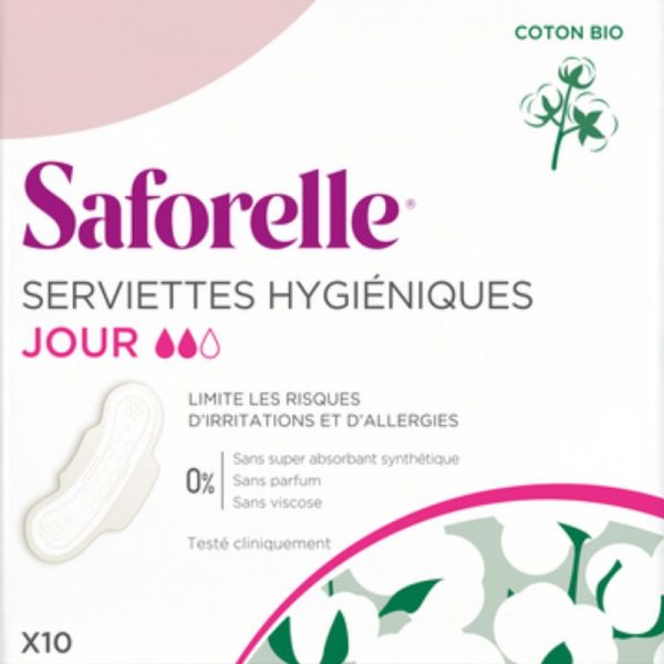 Saforelle Serviettes hygiéniques jour avec ailettes coton bio 10 Serviettes