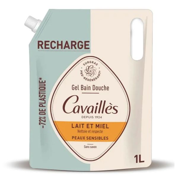Cavaillès lait et miel gel bain douche peaux sensibles Éco-Recharge1 litre