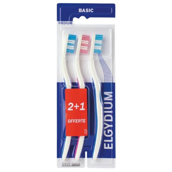 Elgydium BASIC brosse à dents Medium, 2+1 offerte