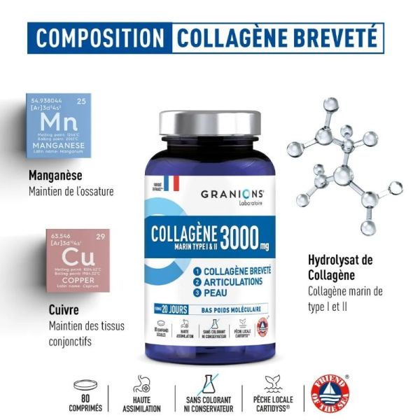 Granions Collagène Marin type I et II 3000 mg 80 comprimés