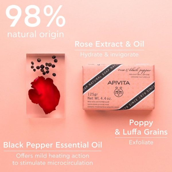 Apivita savon à la rose et au Poivre Noir 125g