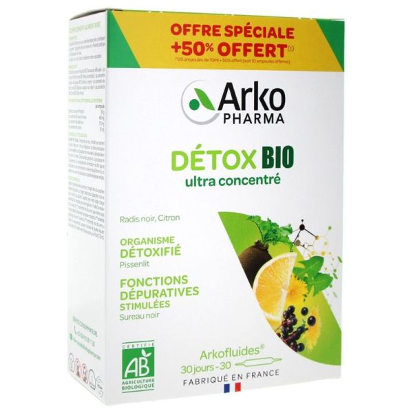 Arkofluides Détox Bio 20 ampoules + 10 ampoules offertes