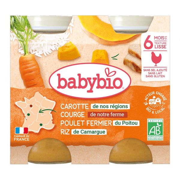 Babybio Carotte de nos régions Courge Poulet fermiet Riz de Camargue 2 x 200 g