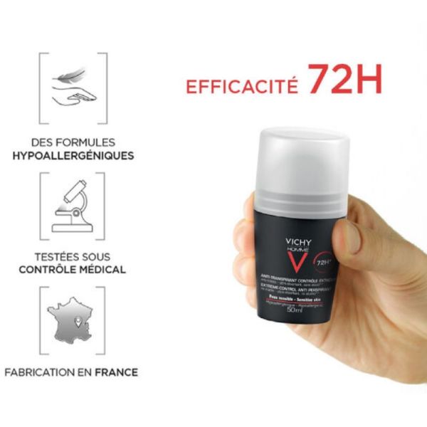 Vichy homme déodorant anti-transpirant 48h anti-traces roll-on lot de 2 x 50 ml