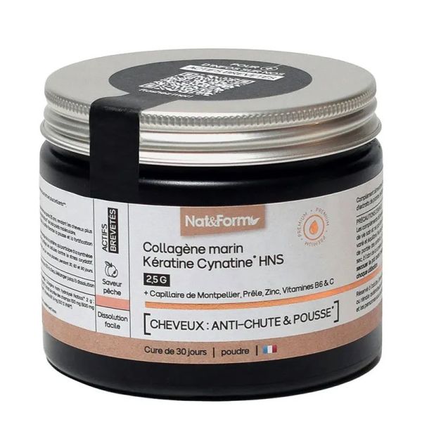 Nat&Form Collagène Marin Kératine Cynatine HNS 2.5g anti-chute Saveur Pêche 120g