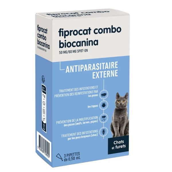 Biocanina Fiprocat Combo antiparasitaire externe spot-on chats et furets 3 pipettes