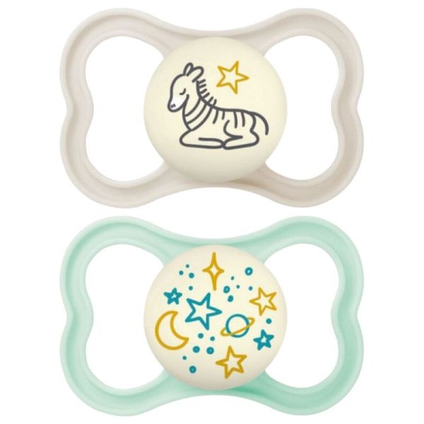 MAM Sucette Supreme Nuit 18+ Mois Silicone x 2 Zèbre Gris et Étoiles Vertes