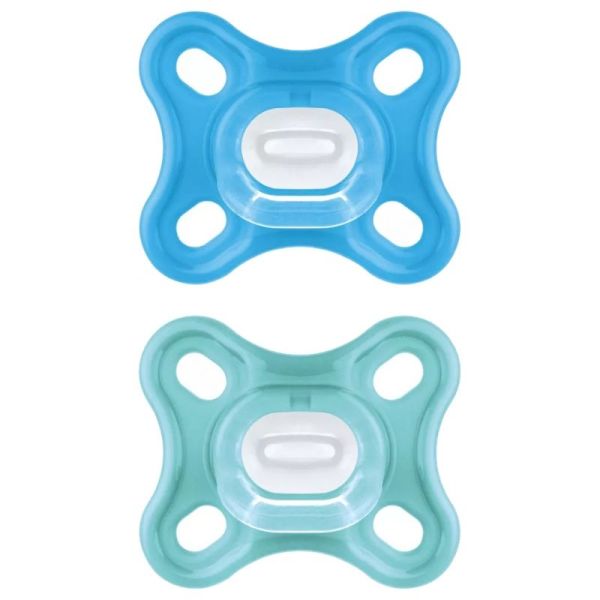 MAM Comfort 2 sucettes en silicone 0 mois et + et une boîte de stérilisation bleu